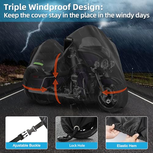 Image of Motorcycle Cover for Touring Road Glide /Ultra Limited /Gold Wing Tour /Indian Pursuit, 210T Waterproof Sun UV Rain Outdoor Protection Motorbike Cover with Lock Hole & Soft Cotton Lining
