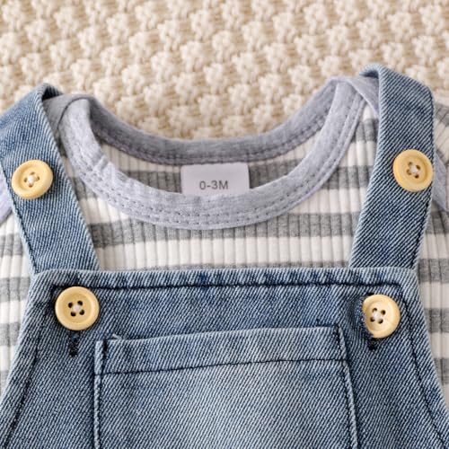 Baby Boy Clothes Newborn Suspender Overalls Ripped Jeans Long Sleeve Striped Romper Fall Winter Outfits 0-18 Months4