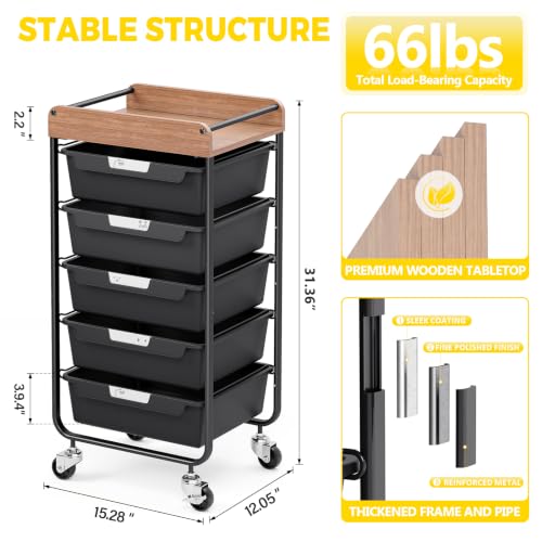 SYKIARIOL Utility Cart with 5 Labeling Drawers and Wooden Tabletop – Rolling Storage Cart for Crafters, Artists, Kids, Teachers, and Students – Organize Arts, Crafts, Sewing & Study Supplies - Image 2