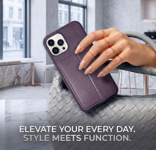 Image of amazon basics Luxury Vegan Leather Back Cover for iPhone 15 Pro | Built-in Card Holder Slot | Integrated Mobile Stand | Slim Shockproof Protective Case with Stitched Finish - Purple