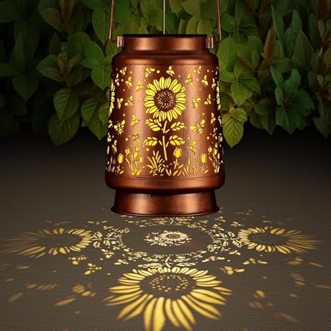 Solar Lantern Outdoor Hanging Waterproof Outside Metal Openwork Hummingbird Pattern Birthday Gifts for Women Mom Landscape Lights for Porch Garden Yard Patio Pathway Decor(Sunflower + Bee)