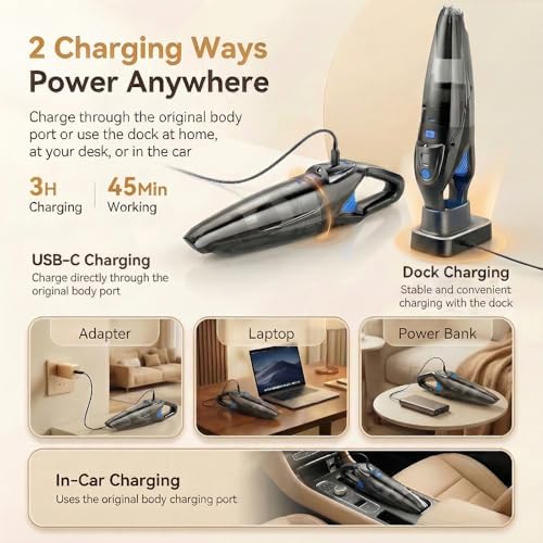 Image of Handheld Vacuum Cordless, 25000Pa Powerful Suction Car Vacuum Portable Cordless with 8000mAh Battery & LED Light, Hand Held Vacuum Rechargeable with HEPA Filters, Home, Car Seats, Pet Hair Blue