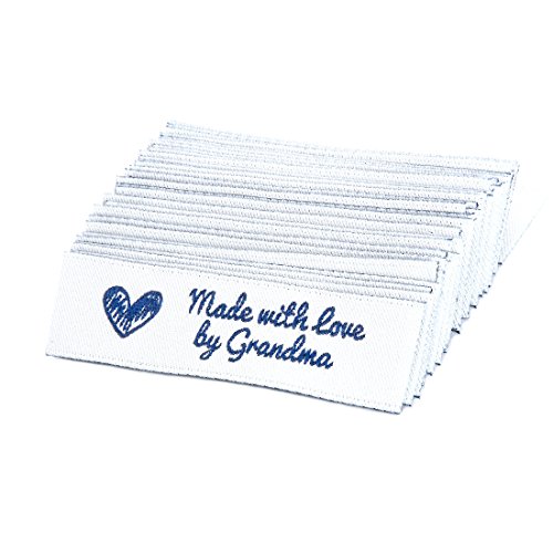 Wunderlabel Made with Love by Grandma Crafting Fashion Granny Grandmother Woven Ribbon Tag Clothing Sewing Clothes Garment Fabric Material Embroidered Label Labels Tags, Blue on White, 100 Labels