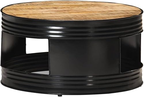 Miniatura 7 de vidaXL Mesa de centro redonda, madera maciza de mango en bruto, marco de hierro recubierto de polvo, negro, 26.8 x 26.8 x 14.2 pulgadas,