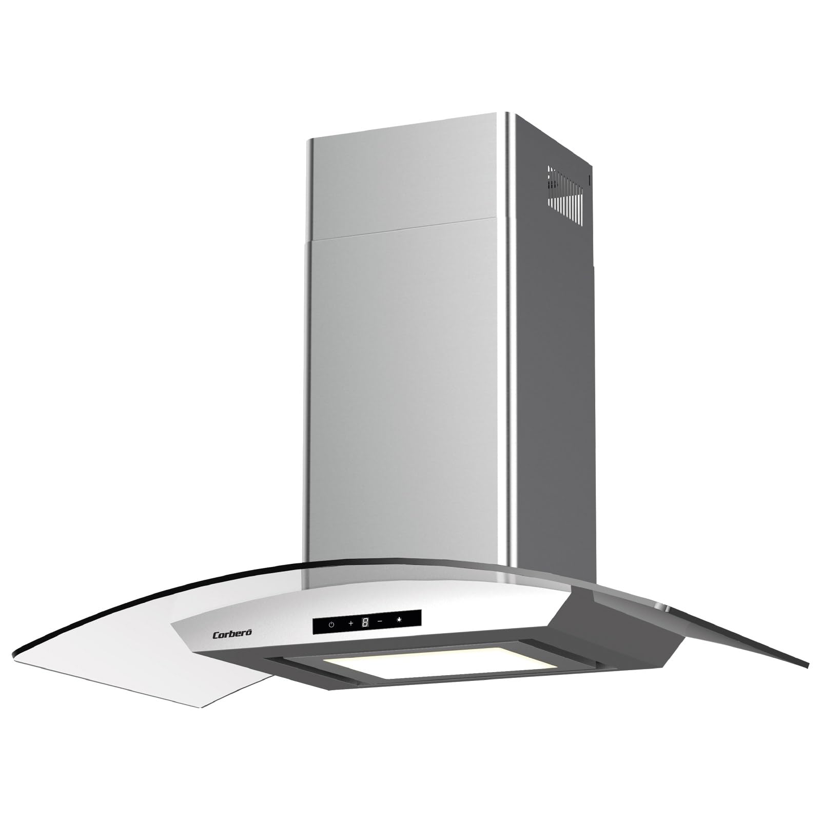 Corbero - Campana Extractora Horizontal 90cm | FUJI975XGLASS | 720.2 m3/h| 67db| 235W | 4 Velocidades | Control Touch| Panel LED| Filtro Aluminio + Filtro Carbón | Acero Inoxidable-Cristal