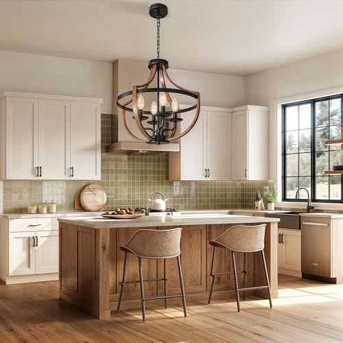 DWVO Black Wood Chandeliers for Dining Room, Adjustable Farmhouse Rustic Light Fixture, Industrial 4-Light Pendant Ceiling Lights for Island, Bedroom, Kitchen