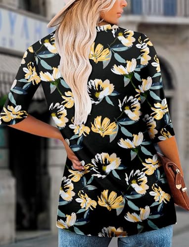 KISSMODA Tunic Tops for Women Loose Fit Dressy Round Neck Pleated 3/4 Length Sleeve Spring Tops