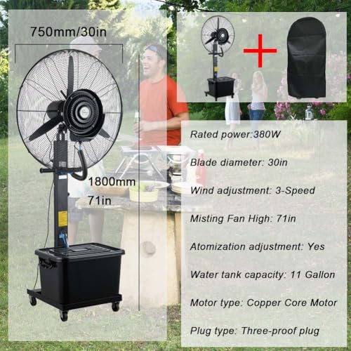 Ventilador oscilante industrial con 3 velocidades, soporte y nebulizador para garaje, jardín, gimnasio o uso en interiores, 750 mm