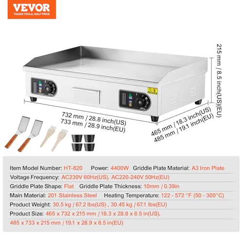 Image of VEVOR Commercial Electric Griddle, 4400W Countertop Flat Top Grill, 122℉-572 ℉ Adjustable Temp, 29in Stainless Steel Griddle Grill with 2 Shovels and 2 Brushes for Home or Restaurant(220V No Plug)