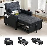 TYBOATLE Leather Convertible Sleeper Chair Bed for Adults, 3-in-1 Pull Out Sofa Chair Bed with USB/Type-C Ports, Cup Holders, Side Pockets, Single Sofa for Living Room, Bedroom, Office (Black)
