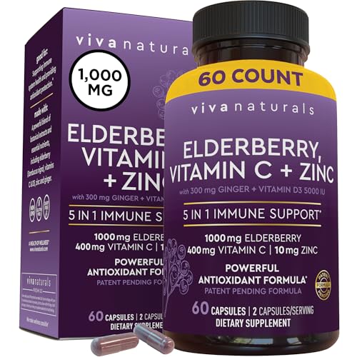Viva Naturals Black Elderberry with Vitamin C and Zinc for Adults (60 Count) - Sambucus Elderberry Immune Support Supplement, Black Elderberry Capsules for Adults, Elderberry Supplements for Women
