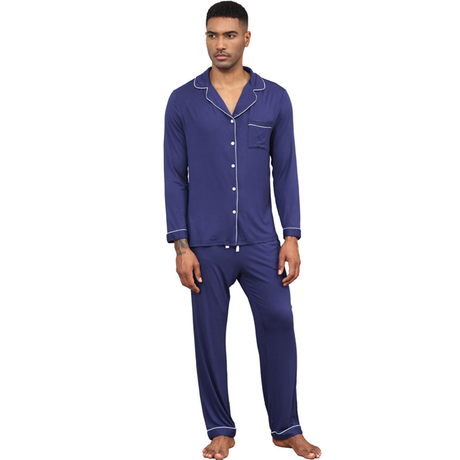 Genérico Pijama Hombre Ropa de Dormir Masculina y Liso Manga Larga Pantalón Largo Ropa de Dormir Hombre con Bolsillos Pijamas de Dos Piezas