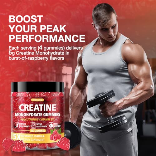 Image of Creatine Gummies for Men & Women - Chewable Creatine Gummy with Taurine & Vitamin B12, 5g Creatine Monohydrate per Serving, 120 Gummies - Raspberry Flavor, Raspberry-Shaped