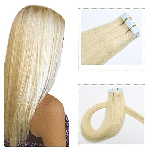 Tape in Hair Extensions Remy Human Hair Platinum Blonde Real Hair 16 inch 20pcs/30grams Seamless Skin Weft Silk Straight Double Sided Tape in Remy Hair (16 inches, 60)