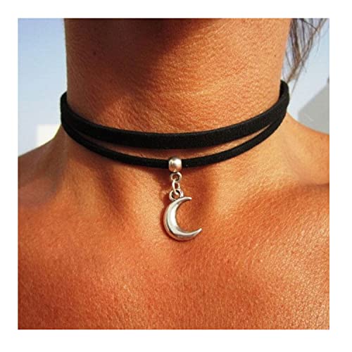 Black Velvet Moon Choker Necklace for Women Gothic Layered Necklaces Pendant Handmade Boho Crescent3