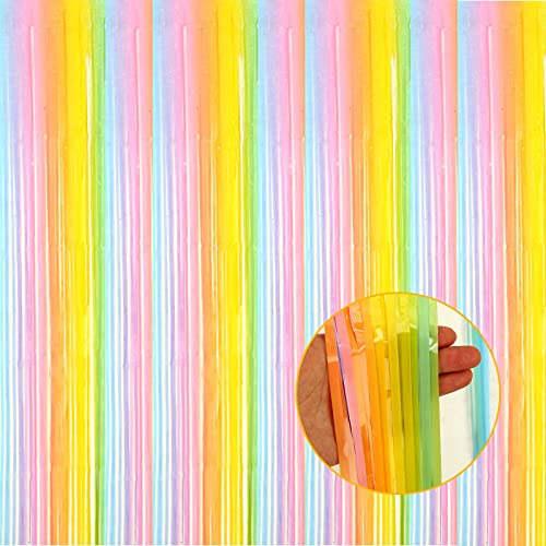Image of 4 Pack Macaron Rainbow Foil Fringe Curtain Backdrop, 3.28Ftx8.2Ft Colorful Foil Fringe Streamers Curtains for Party, Photo Booth Props, Birthday, 2022 Graduation Decoration Supplies