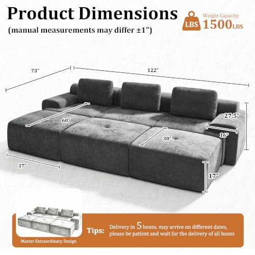Image of 122 inch Oversized Boneless Couch, Comfort Cloud Sectional Couches for Living Room, Modular Sofa High Back & Extra Deep Seat, No Assembly, Soft Chenille Fabric (Dark Grey, 122 inch-(3+3))