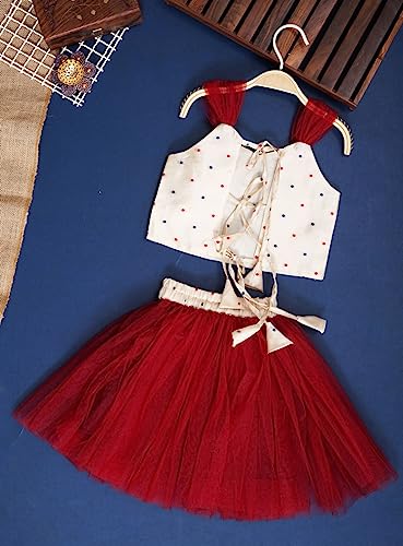 Image of ANNECA baby girl's designer rayon cotton modern crop top and naylon soft net knee lenth skirt clothing set