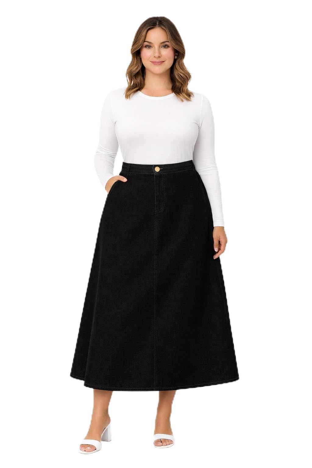 Womens Black Plus Size Mid-Waist with Zip Denim A-Line Maxi Skirt 40200-picture-50