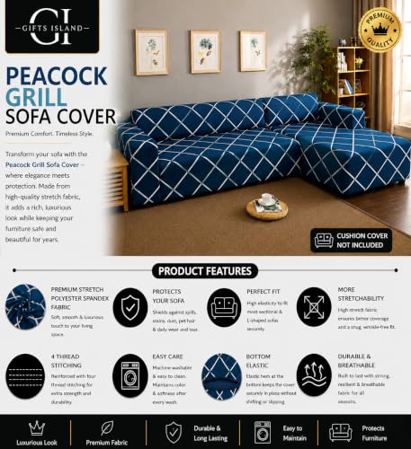Image of Gifts Island Premium 160GSM Super Soft Peacock Grill Stretchable Sofa Cover L Shape 7 Seater Fully Covered | Suitable for Both Left and Right Side Chaise Sofa (Peacock Grill, 4+3 Seater)