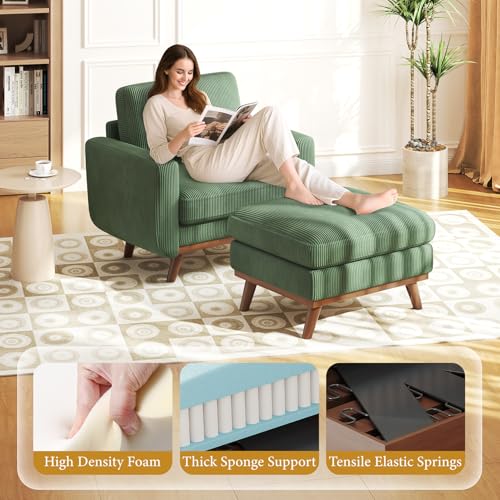 Image of Vesgantti 38.5 inch Accent Chair with Movable Ottoman, Comfy Corduroy Armchair with Spring Cushion, Reading Chair with Ottoman, Modern Single Sofa for Living Room, Bedroom and Apartment, Green
