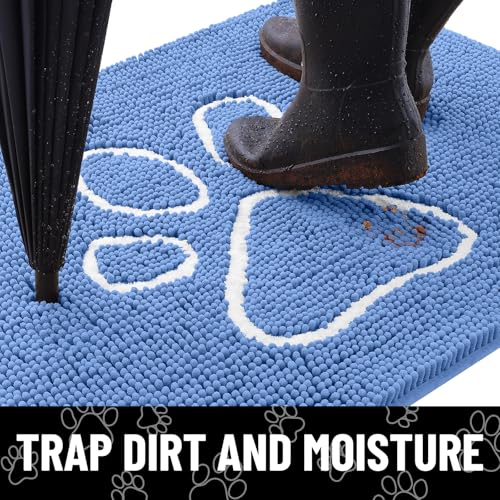 Image of Smiry Dog Door Mat for Muddy Paws, Absorbent Dirt Trapper Non Slip Quick Dry Washable Chenille Mat for Mud Dogs, Entry Rug for Indoor and Outdoor (48x30 Inches, Cornflower Blue and White)