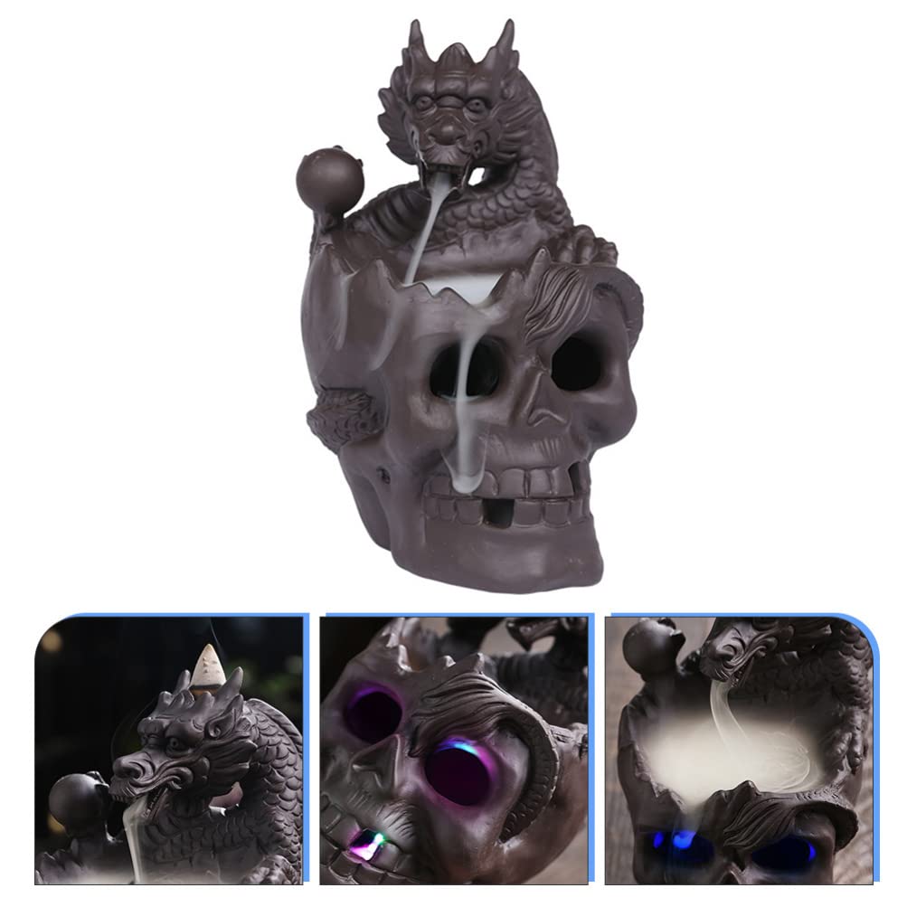 Stainporzellan Totenkopf mit LED Rückfluss Räuchergefäß | Rauchbrunnen Wasserfall, Meditation und Dekoration, Japanische Räucherstäbchen Halter, Sanftes Licht