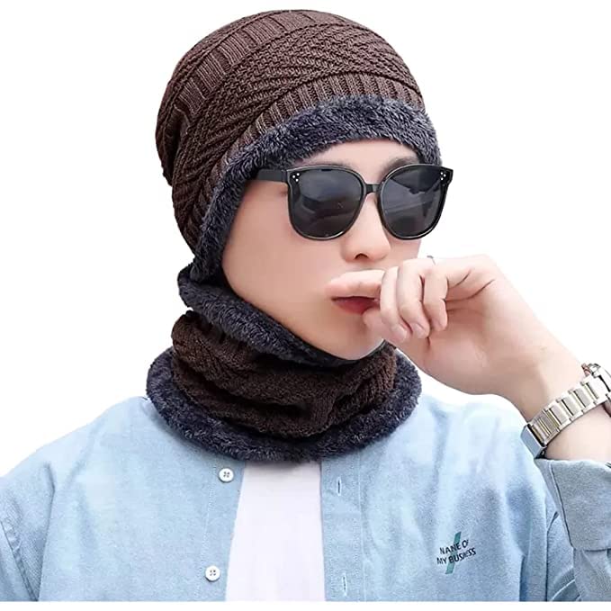 NAITHMen's Woolen Cap with Neck Muffler/Neckwarmer Set of 2 Free Size for Men Women for Snow Winters and Cold Places (Free Size, Brown)