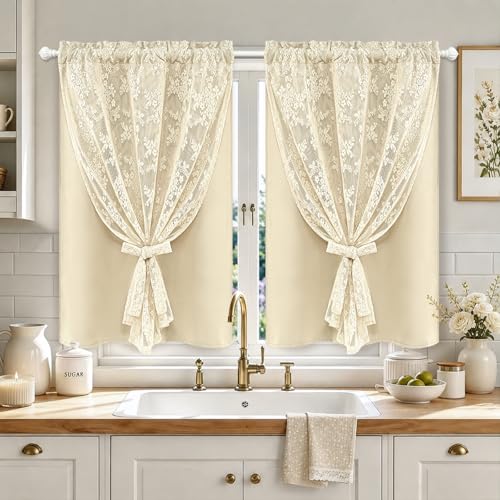 Image of Yinhua Double Layer Kitchen Curtains 36 Inch Length Beige Blackout Curtains for Kitchen Rod Pocket Short Curtain for Windows, Small Window Curtain for Bathroom, Living Room, 2 Panels