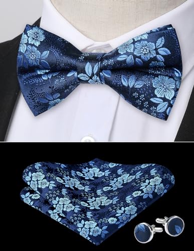 Image of HISDERN Bow Ties for Men Pre-Tied Bow Tie Floral Paisley Handkerchief Classic Formal Bowtie and Pocket Square Cufflinks Set