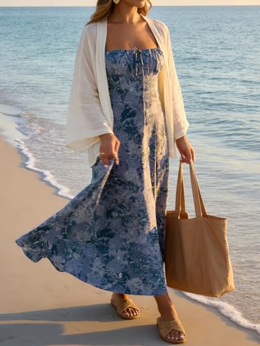 Image of YATHON Women's Summer Midi Corset Boho Dresses Spring Casual Floral Spaghetti Straps Lace Up Dress Flowy Aline Beach Sundress