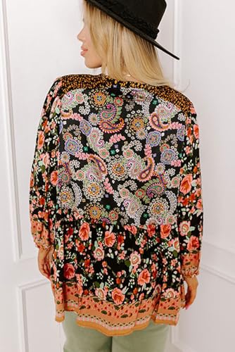 Black Plus Size Paisley Floral Print V Neck Bubble Sleeve Blouse for Women2
