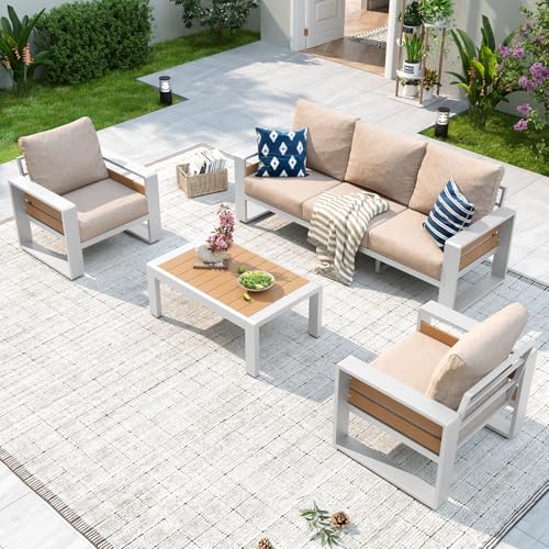 Aoxun Aluminum Patio Furniture Set, 5 Seats Luxury Outdoor Sectional with 6' Olefin Fabric Cushions, Patio Conversation Sets with Coffee Table Outdoor Sofas for Backyard, Deck, Porch Beige