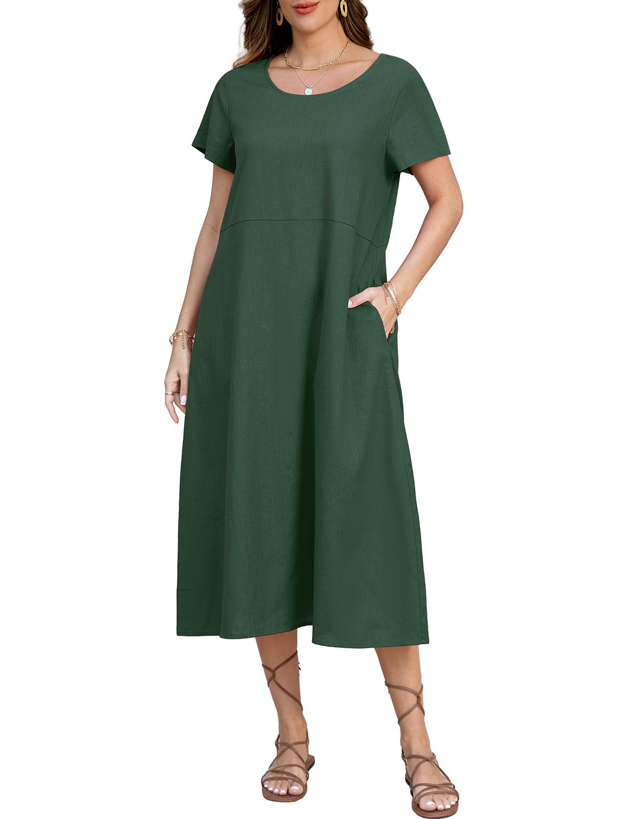 TOMEEK Vestidos Verano Mujer Manga Corta Largos Vestido Mujer Tallas Grandes Cuello Redondo con Bolsillos Casual Vestido Playa Mujer Vestido Camisero