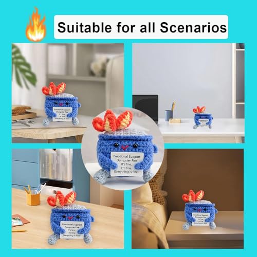 Image of Emotional Support Crochet Dumpster Fire with Positive Card Cute Room Decor Knitted Toys Funny Crochet Support Buddies Gifts for Friends (Dark Blue)