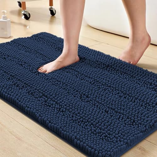 Turquoize Bathroom Rug 20"x32", Soft Absorbent Chenille Bath Rug, Navy