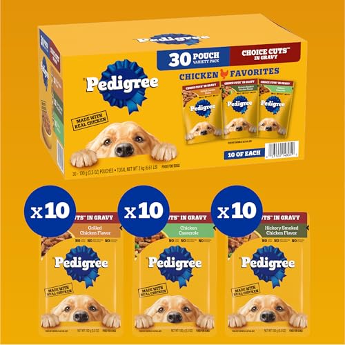 Image of Pedigree Choice Cuts Wet Dog Food Pouch, Chicken Variety, 3.5 oz, 30 Count | 100% complete & balanced, steam cooked, made with real chicken, 36 vitamins & minerals, 50%+ water for hydration