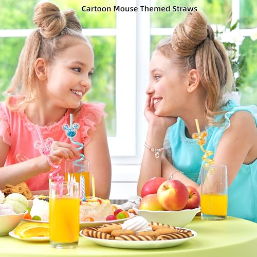 Image of 12 PCS Glitter Mouse Ear Straws, Reusable Spiral Crazy Straws | Straw with Cute Sparkle Ears, Fun Birthday Party Favors for Boys Girls, Cartoon Theme Party Supplies Decorations