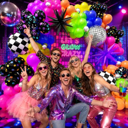 Image of 230Pcs Neon Balloons Arch Garland Kit with Glow in the Dark Balloons, Neon Balloons Arch Kit with Checkered Balloon for Back to 80s 90s DISCO Birthday Let's Glow Party Rock Roll Party Supplies
