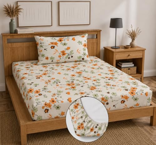 Image of 230 TC Glace-Cotton All Around Elastic Fitted Bedsheet, Elastic Fitted Bedsheet Single Size Bedsheet for Single Bed with 1 Pillow Cover, Size - 72 x 36 x 8 Inch Color