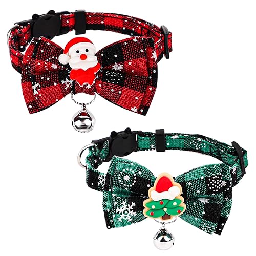 2pz Collare Natalizio per Gatti, 18-30cm Regolabile Collare per Gatti con Papillon Staccabile Collare per Gatti con Campanelli per Natale Albero di Natale