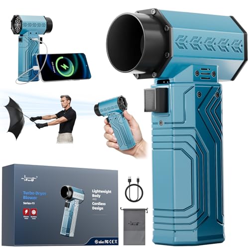 Turbo Dryer Blower for Car, 180MPH/1.3LB Thrust Car Dryer Air Blower 400W 40mm Brushless Motor,Blow Away 2 cans of Coke Easily,Infinitely Variable Speed for Car, Home & Outdoors (Blue)