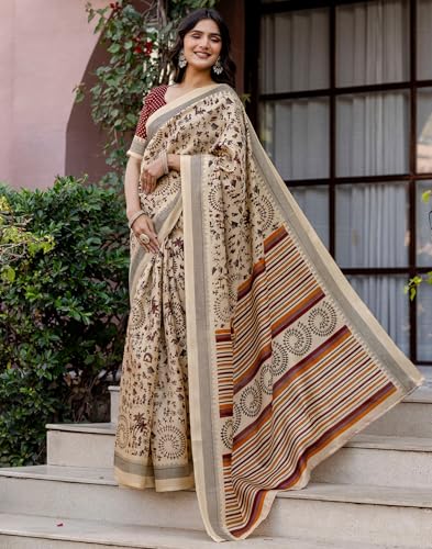 Image of SIRIL Women's Cotton Printed Saree with Unstitched Blouse Piece
