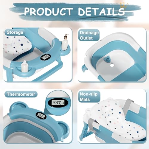 Image of TPN Collapsible Baby Bathtub for Infants to Toddler with Real-time Temp Monitor+Floating Cushion,Foldable Baby Bath Tub Set Applicable 0-36 Month,Perfect Portable Travel Baby Tub for Newborns Boy