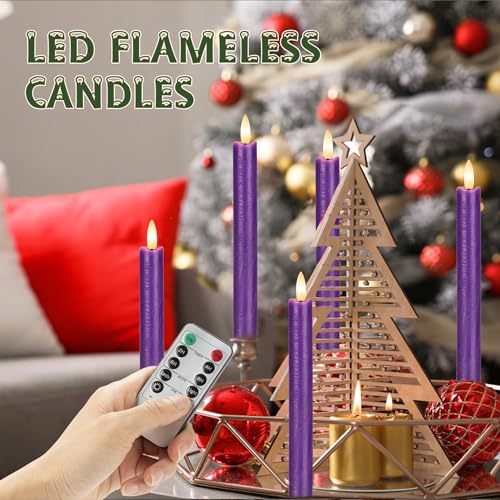 Image of Purple Flameless Taper Candles with Remote, 3 Pack Real Wax Battery Operated Candles, 9.6 Inch Flickering Led Christmas Candlesticks Decorations for Winter Home Holiday Xmas Gift
