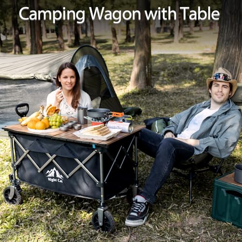 Image of Night Cat Collapsible Wagon with Table: 150L Wagon Gart with Table Top Folding Utility Wagon Combo Set