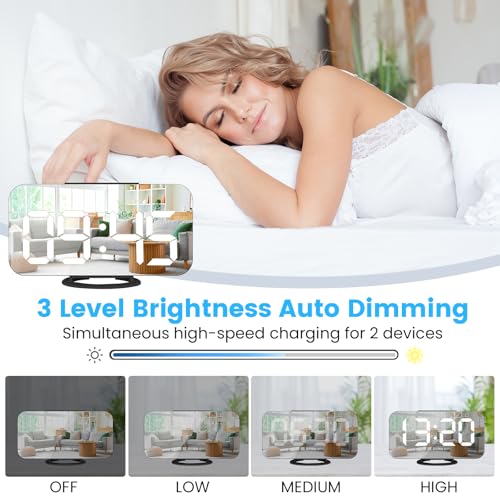 Digital Alarm Clock,Large Display LED and Mirror Desk Clock with Dual USB Charger Ports, 3 Levels Brightness,12/24H Alarm Clocks, Modern Electronic Clock for Bedroom Living Room Office-Black - Image 4