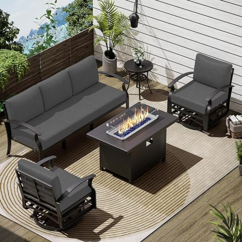 Image of Patio Furniture Set 5-Piece Aluminum Armrest Sofa, Modern Outdoor Living Room Set with 55000 BTU Propane Aluminum Fireplace, Outdoor Rotary Joystick with Thick Cushion