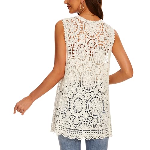 Women's Crochet Floral Boho Lace Trim Sleeveless Kimono Open Front Vest Cardigan4