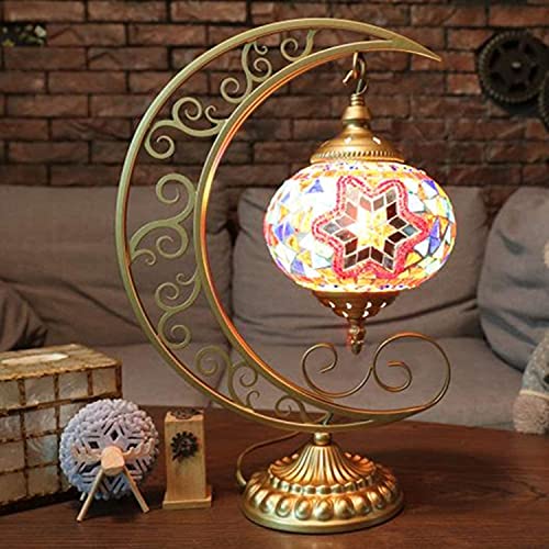 Mosaic Table Lamp COMMODA Stunning Handmade Moon Shape Turkish Moroccan Mosaic Glass Table Desk Bedside Lamp Light Gold Base Unique Table Lamp Room Decoration (Red)